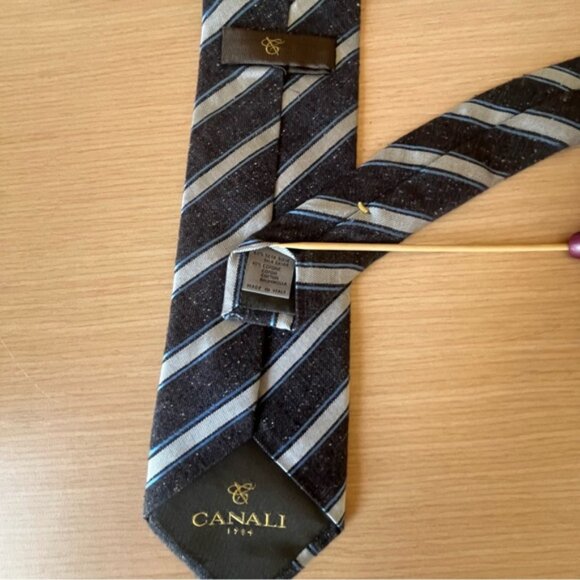Canali Dark Grey, Silver, Blue Silk/Cotton Blend Striped Tie - Picture 8 of 8